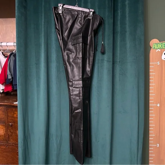 Club Exx Groundwork Cargo Flare Vegan Leather Lace-Up Low Rise Pants DollsKill - Picture 11 of 14